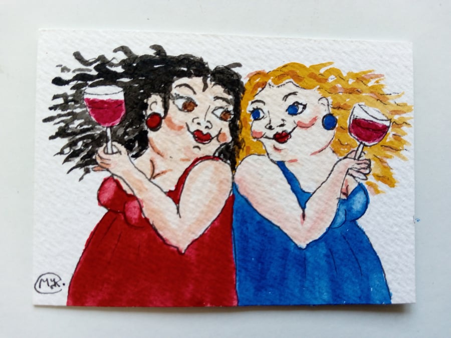  Happy Girls and Red Wine. ACEO. Original painting