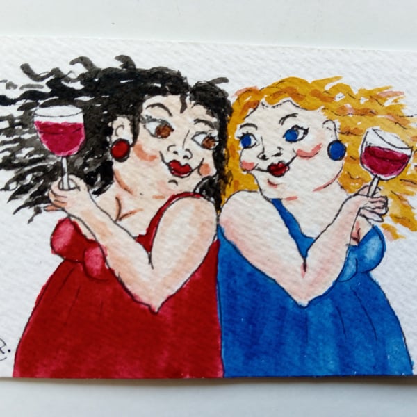  Happy Girls and Red Wine. ACEO. Original painting