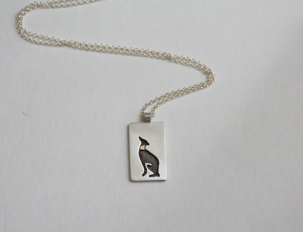 Whippet with a gold collar necklace- sterling silver