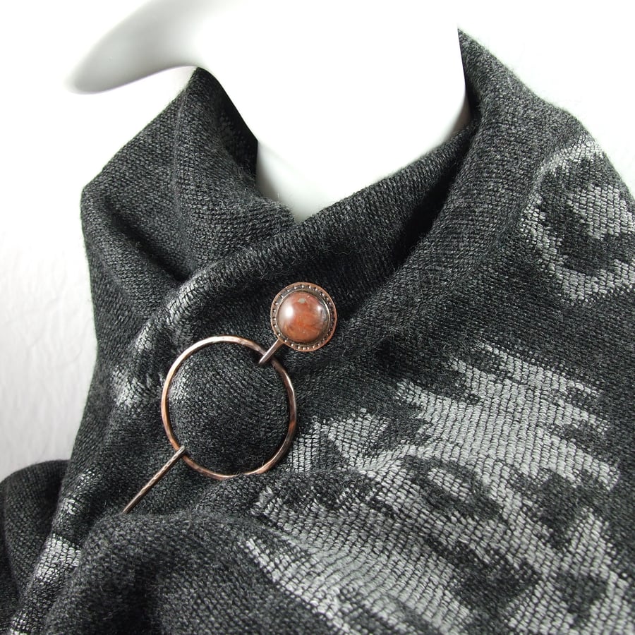 Copper Artisan Shawl Pin Brooch with Peach & Gold Marbled Cabachon