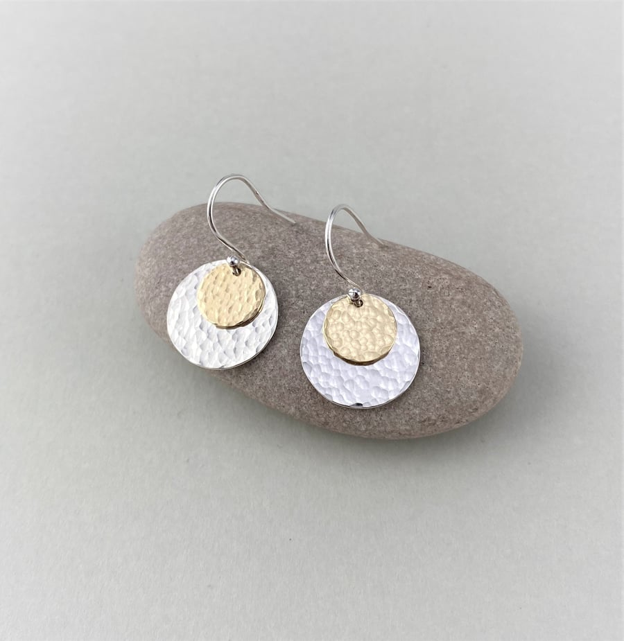 Hammered Sterling Silver and 9ct Yellow Gold Dangle Disc Earrings
