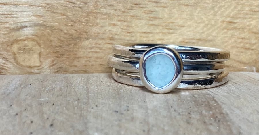 Handmade sterling silver stacking ring set size Q with light grey welsh seaglass