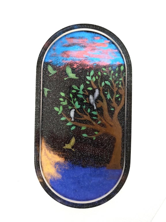 Night Forest Resin Trinket Tray: Tree with Birds Jewelry Dish, Nature Decor