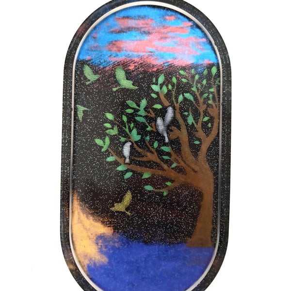 Night Forest Resin Trinket Tray: Tree with Birds Jewelry Dish, Nature Decor