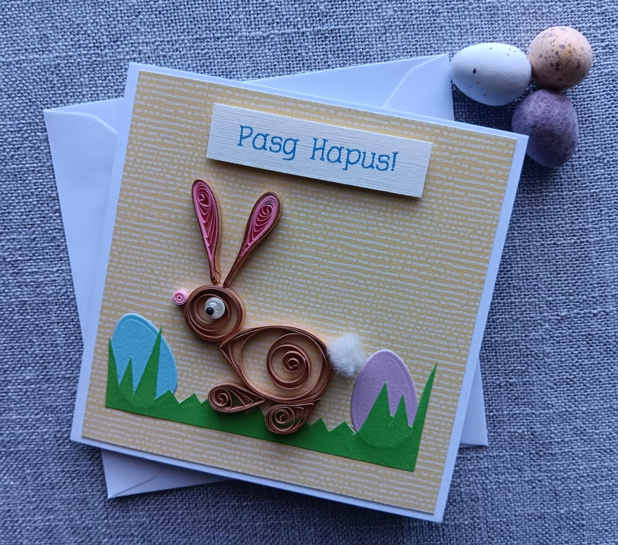 Small Square Welsh Easter Card with Quilled Bunny Size 4" x 4" 