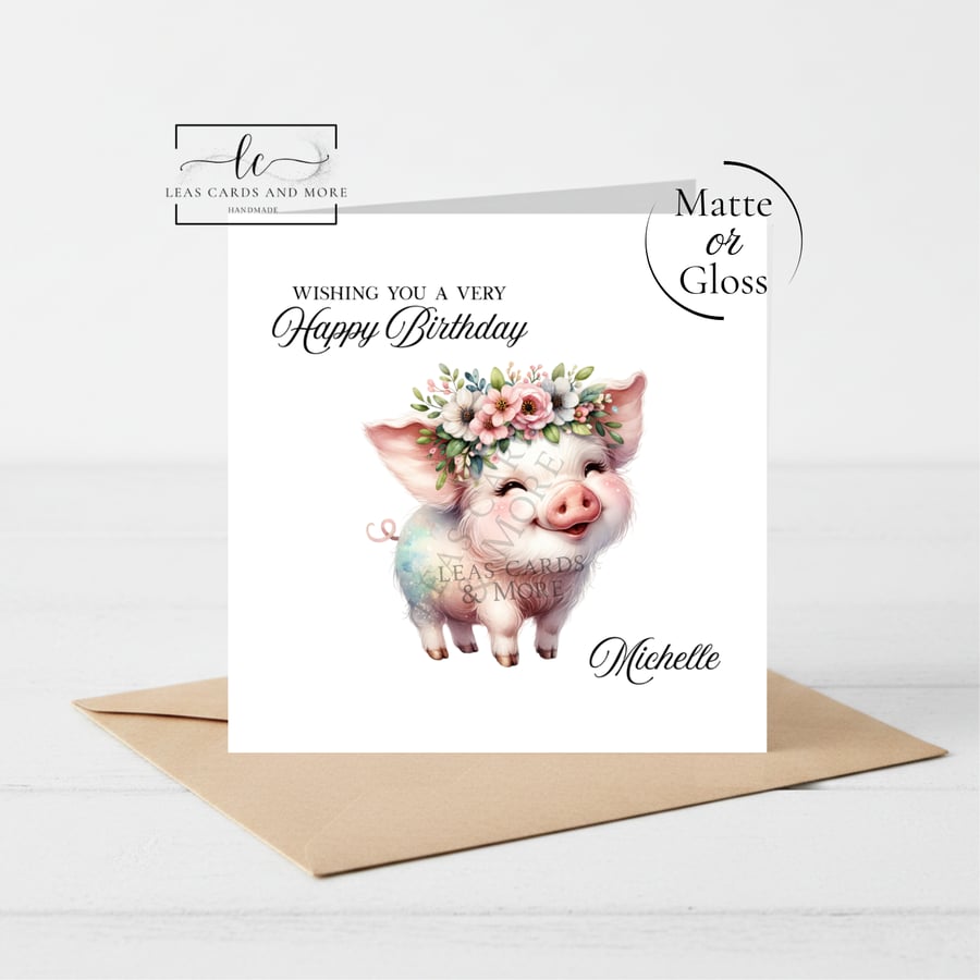 Floral Pig Happy Birthday Card