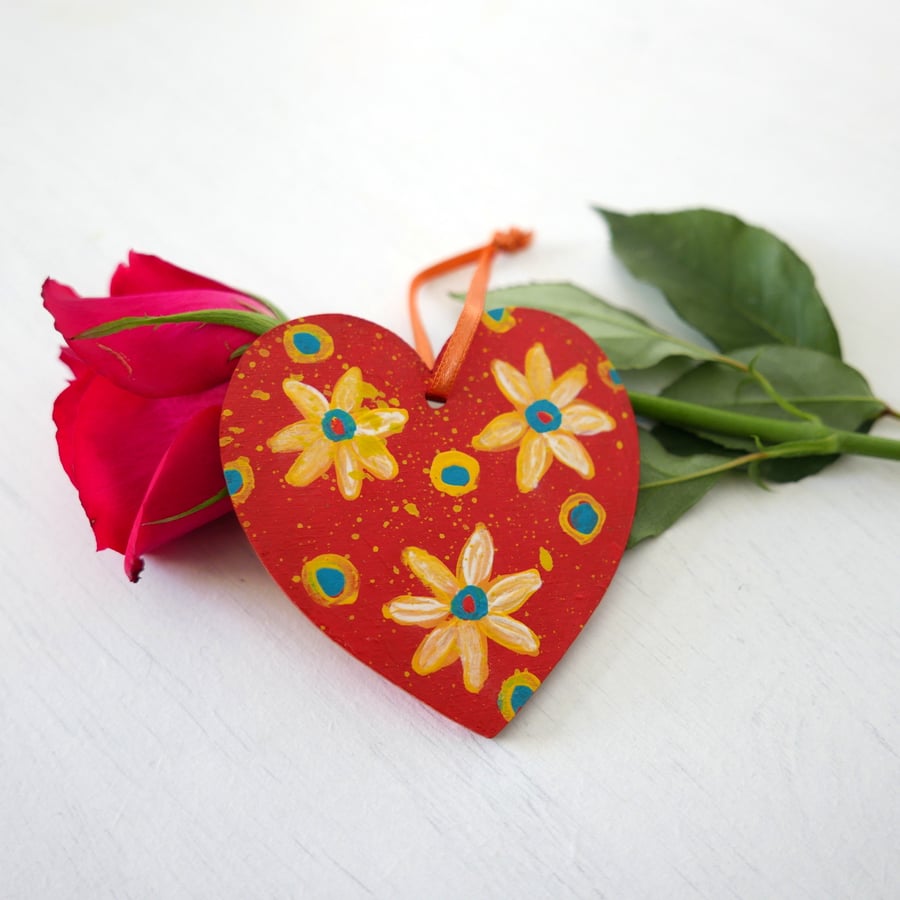 Red Hanging Heart with Yellow Flowers for Easter Decor and Mother's Day