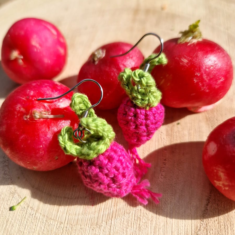 Radish earrings, Jewellery gift for gardener, Pink dangle earrings