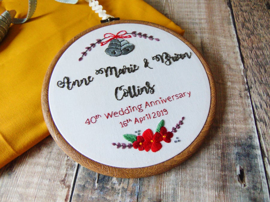 Special Anniversary Gift for Couples, Wedding Bells Hand Embroidered Hoop
