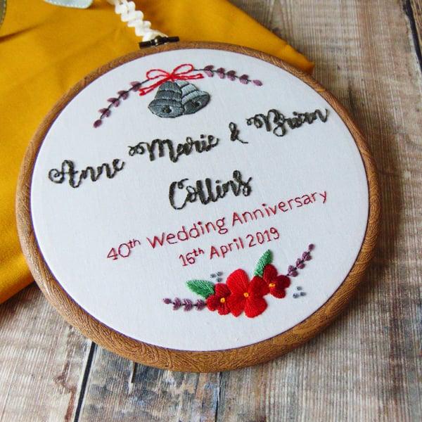 Special Anniversary Gift for Couples, Wedding Bells Hand Embroidered Hoop