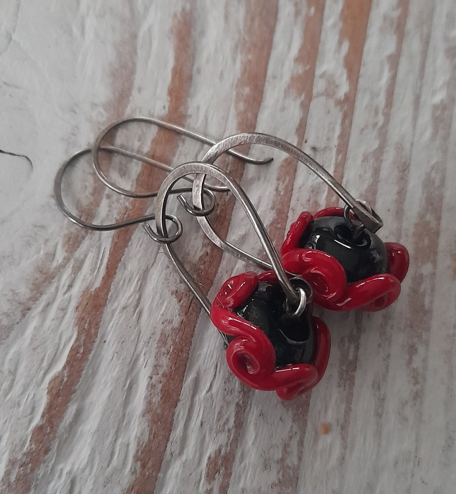 Sterling Silver Earrings with Red and Black Lampwork Beads