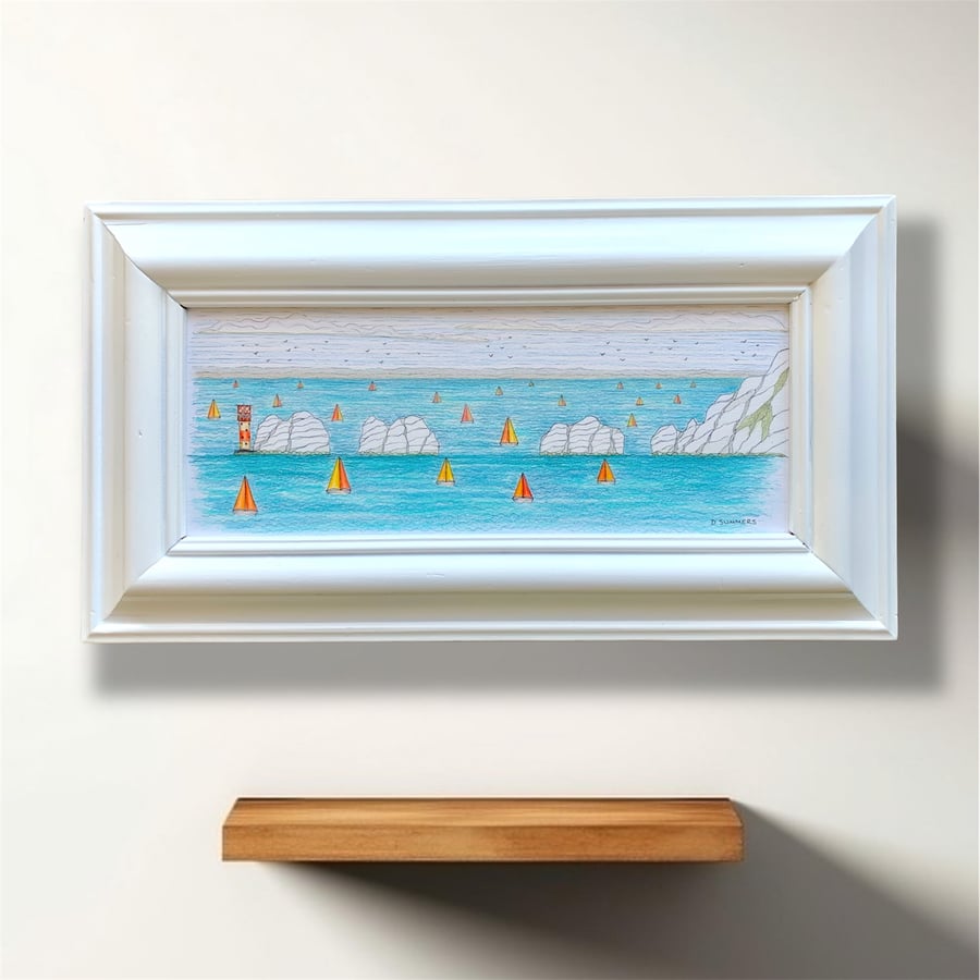 Original framed Isle of Wight drawing of The Needles with sailboats