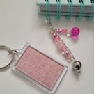 Pink and silver bag charm, keyring, zip 