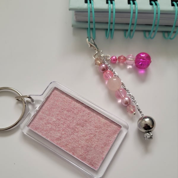Pink and silver bag charm, keyring, zip 