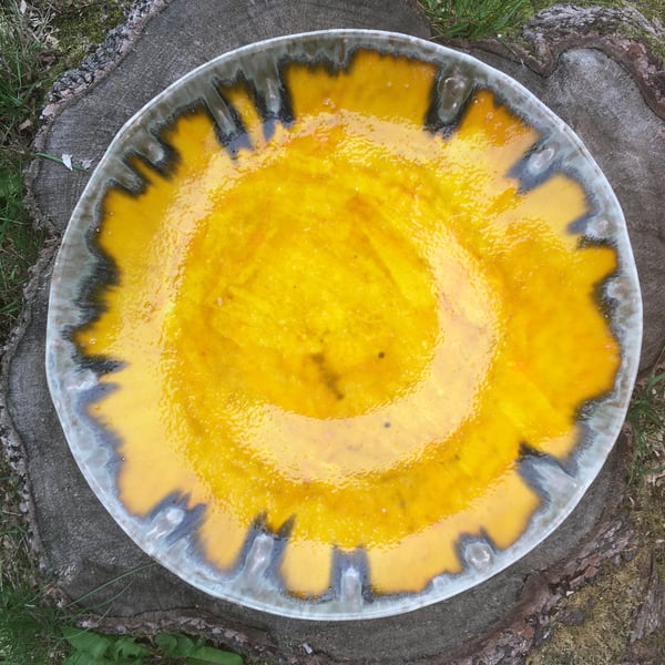 Large Ceramic Platter wobbly Bowl - Yellow with Black edge, perfect fruit bowl