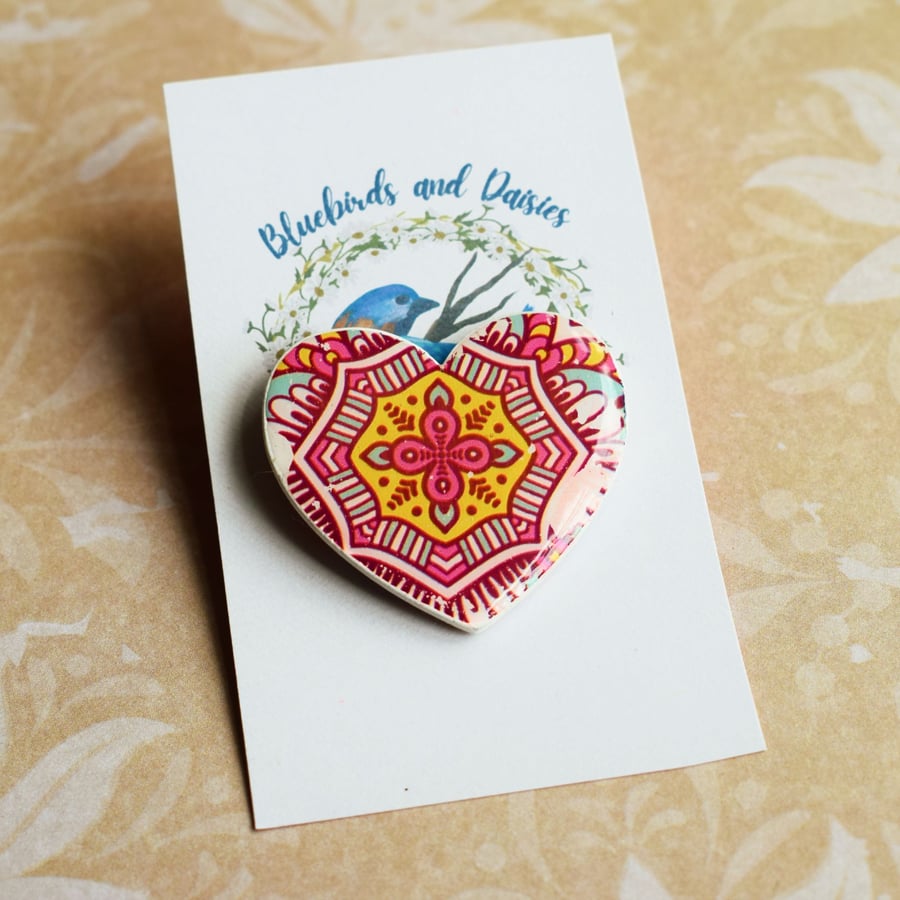 Wooden Heart Brooch with Colourful Pink and Yellow Design