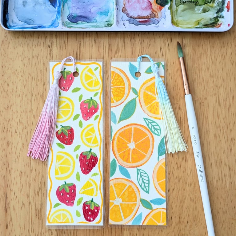 Bookmark Original Art, Summer Fruits, Acrylic paint, laminated with tassel