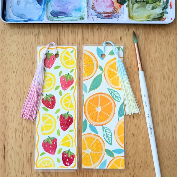 Bookmark Original Art, Summer Fruits, Acrylic paint, laminated with tassel