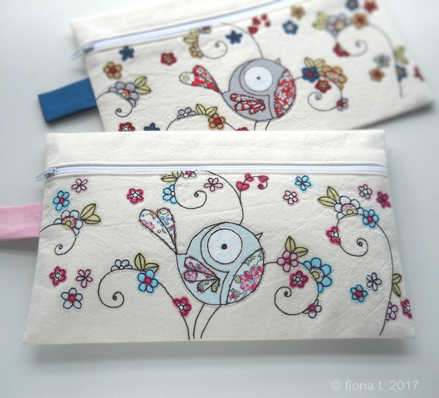 free motion embroidered floral bird large fabric pencil case purse - pink blue
