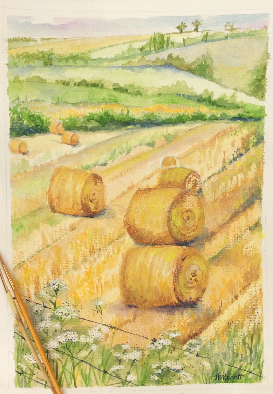 Hay bales in field original watercolour painting 