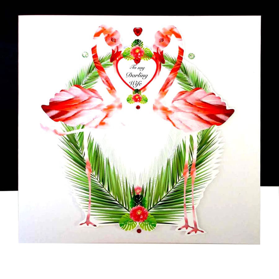 Valentine’s Tropical Flamingo and Palm – Wife Handmade Card 