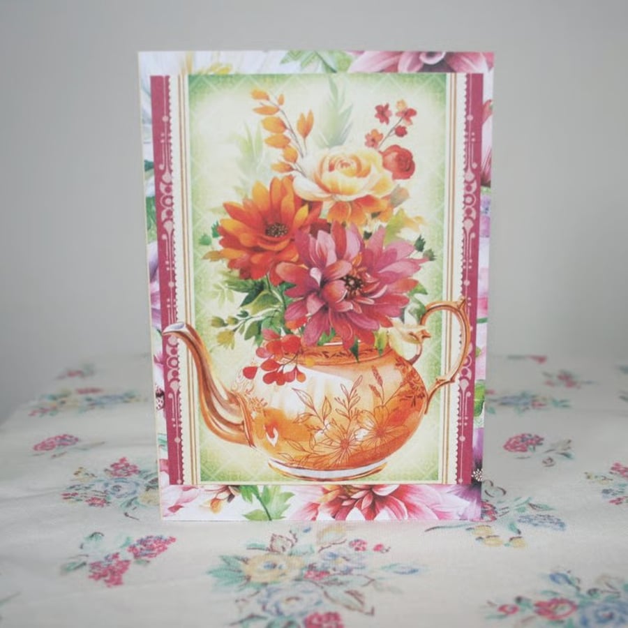 Vintage-style teapot card - Teapot and Flowers greeting card - Blank card