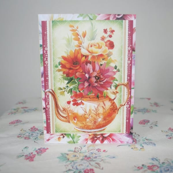 Vintage-style teapot card - Teapot and Flowers greeting card - Blank card