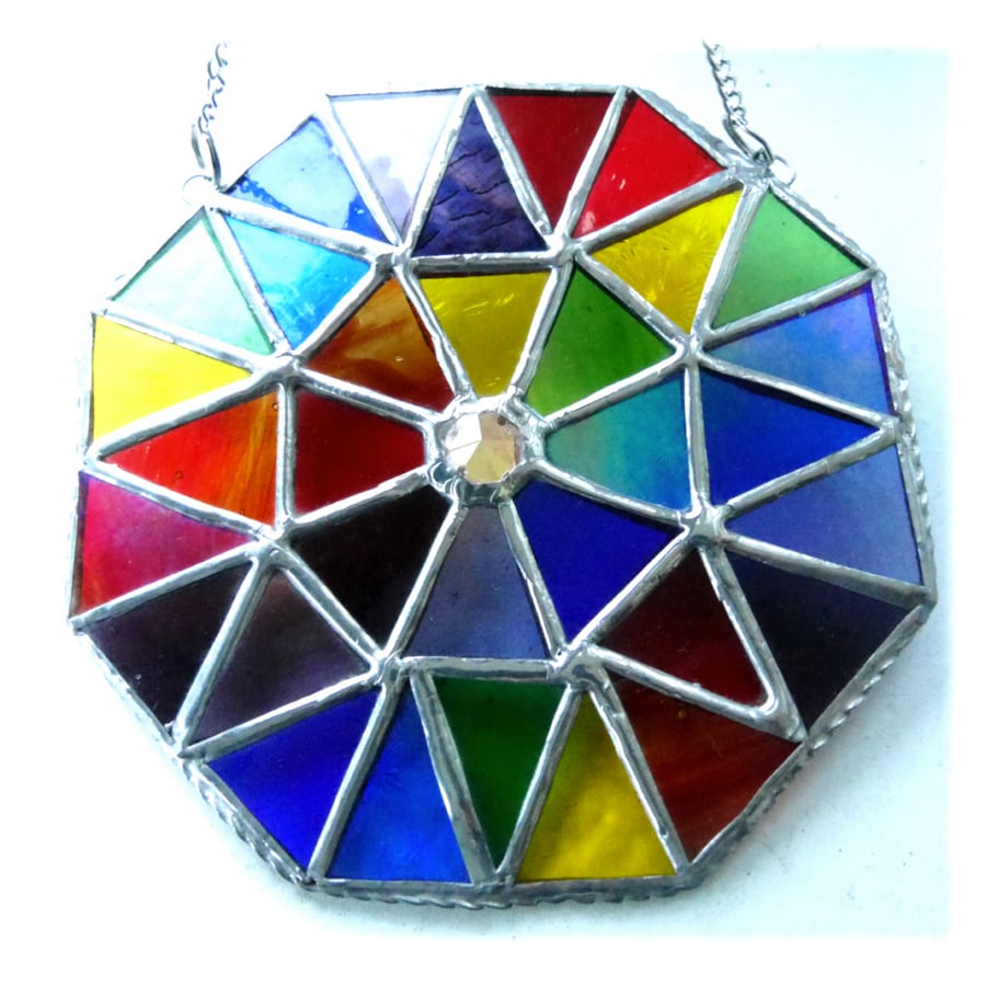 Rainbow Patchwork Octagon Suncatcher Stained Glass Handmade 005
