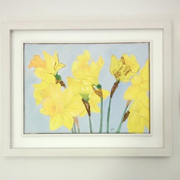 Mixed media Daffodils painting 