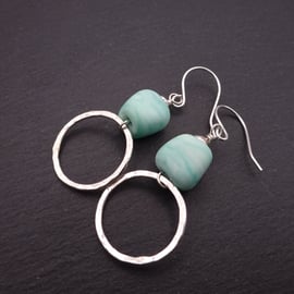 green lampwork glass earrings, sterling silver hoops