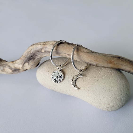 Mismatched Moon Sleeper Hoop Earrings, Recycled Sterling Silver 