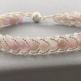 Pink Kunzite & Topaz Herringbone Bracelet with Sterling Silver Magnetic Clasp