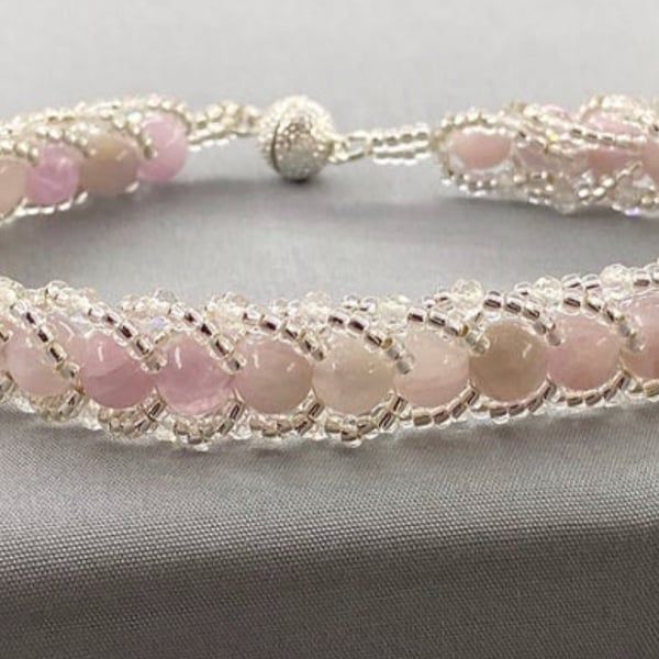 Pink Kunzite & Topaz Herringbone Bracelet with Sterling Silver Magnetic Clasp