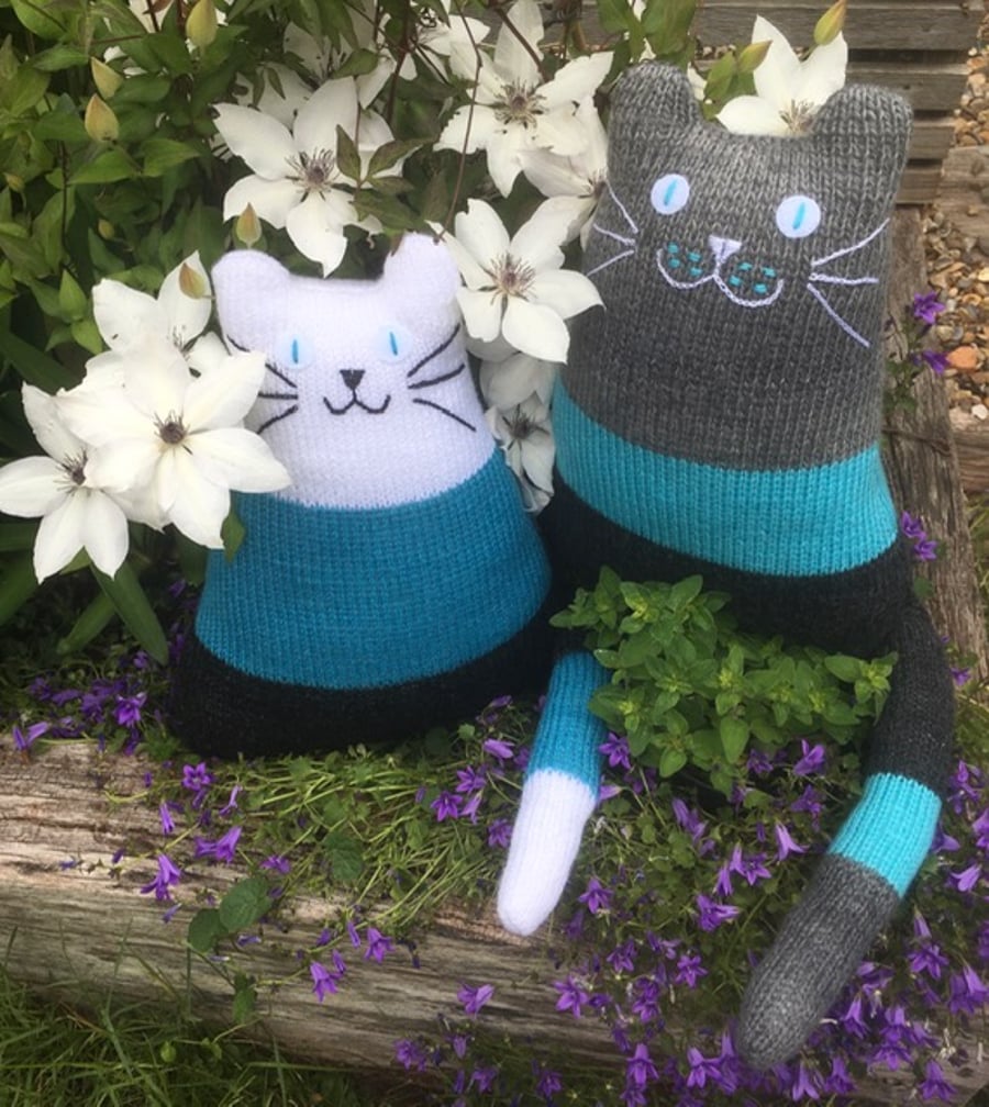Blue  turquoise and grey knitted cat cushion,  kitten  shaped  cusion 
