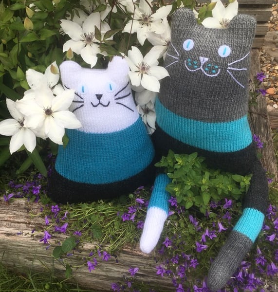Blue  turquoise and grey knitted cat cushion,  kitten  shaped  cusion 
