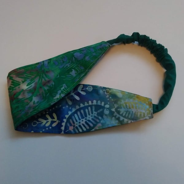 Green and Blue-Green Leaves Batik Reversible Headband