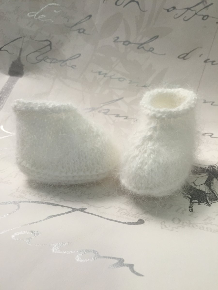  Baby Booties in Pure White Angora Newborn to 3 Months