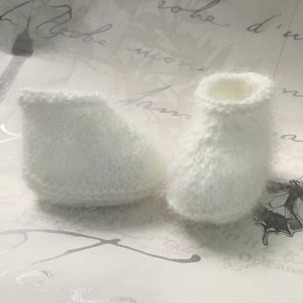  Baby Booties in Pure White Angora Newborn to 3 Months