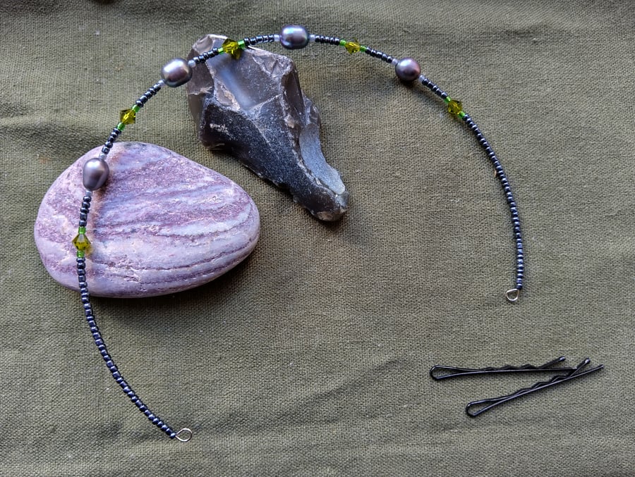 Black Pearl and Green Glass Beaded Headband or Necklace