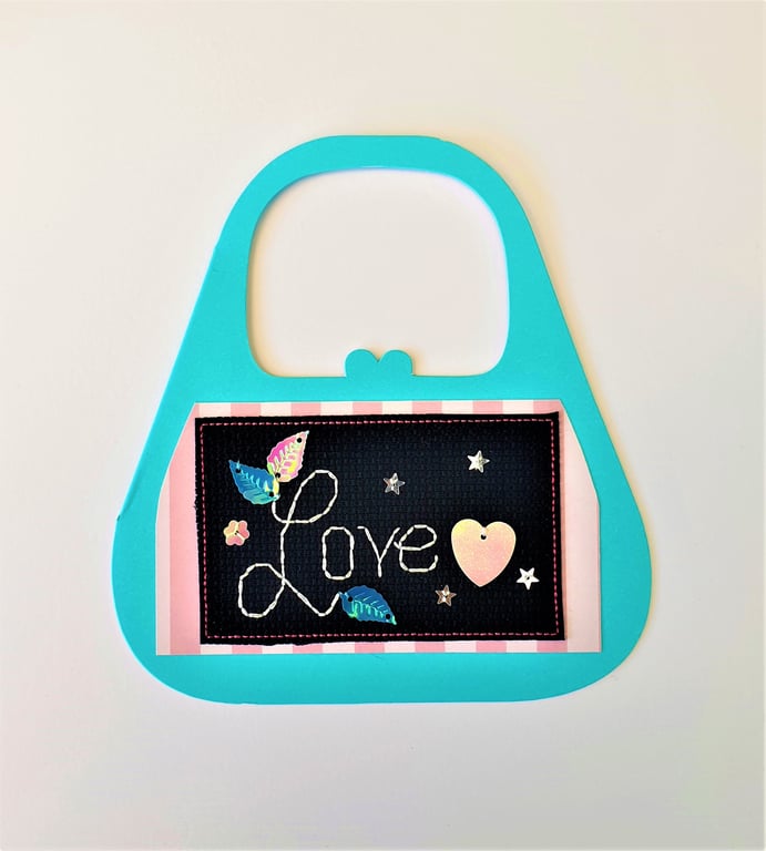 Handbag shaped 'Love' cross Stitch and sequin handmade Card