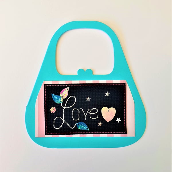 Handbag shaped 'Love' cross Stitch and sequin handmade Card
