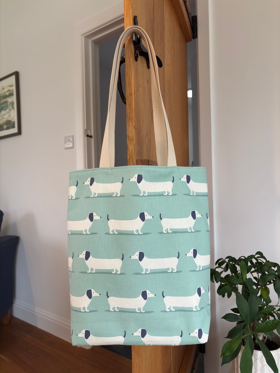 Reversible tote bag, shopping bag, shoulder bag with dachshund dog print