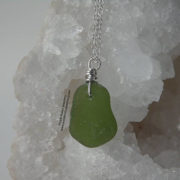 Dainty Light Olive Green Marazion Sea Glass Necklace, Sterling Silver N633