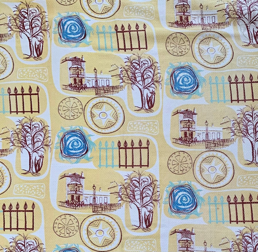 RARE Mid Century Pictorial RETRO Yellow  barkcloth fabric for sale 50s 60s    