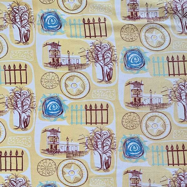 RARE Mid Century Pictorial RETRO Yellow  barkcloth fabric for sale 50s 60s    