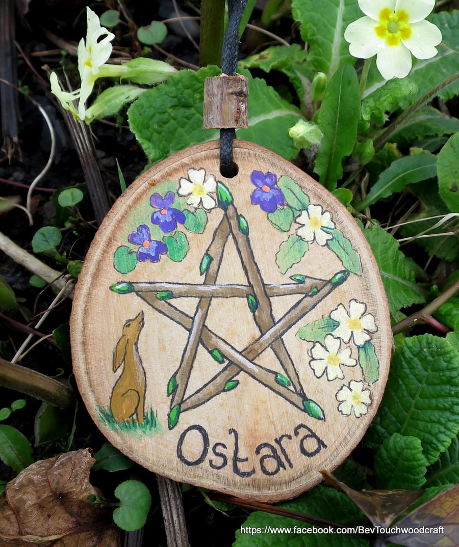 Ostara Pentagram Altar tile, Moon Gazing Hare, Primroses and Violets