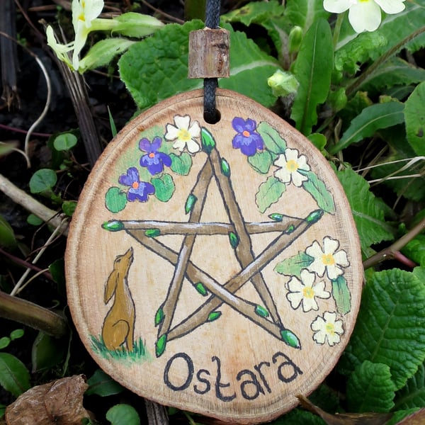 Ostara Pentagram Altar tile, Moon Gazing Hare, Primroses and Violets
