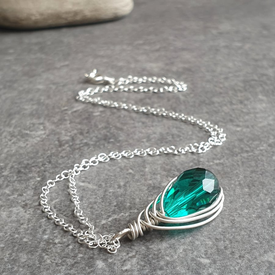 Teal teardrop pendant, Deep aqua crystal necklace, Raindrop