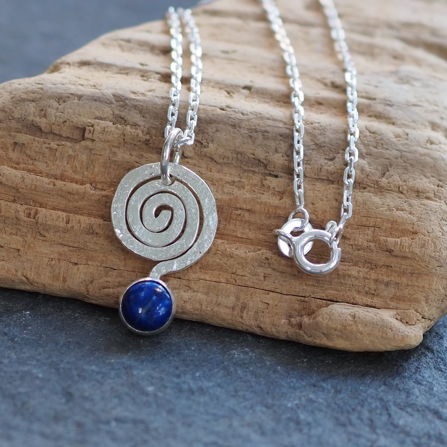 Silver spiral Lapis Lazuli pendant necklace, argentium, sterling silver chain