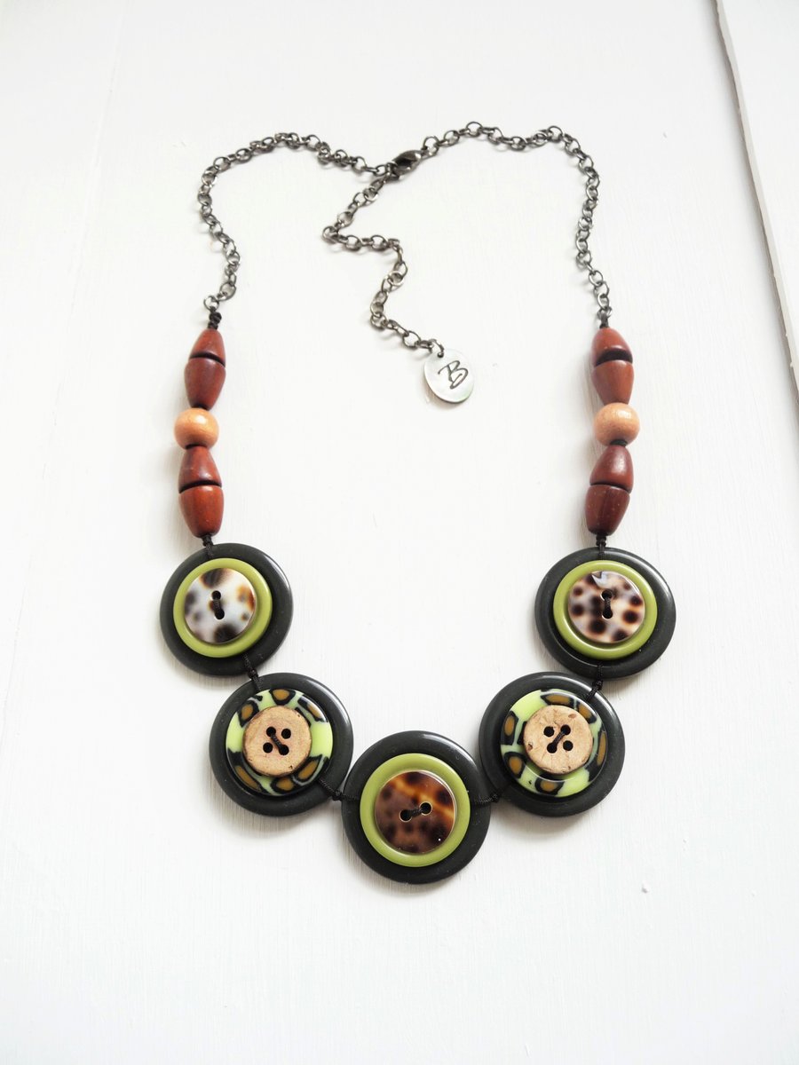 ON SALE . Jungle Theme Dark Olive and  Lime Green Buttons Handmade Necklace 